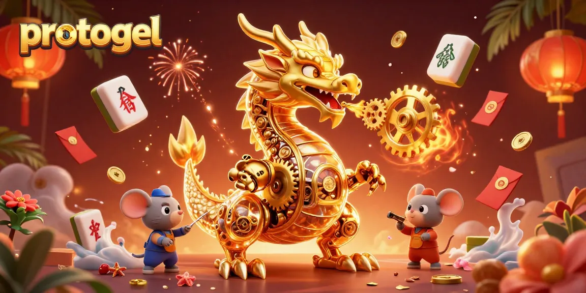 Play exciting games at protogel, featuring a dynamic scene with a golden dragon and vivid casino elements.
