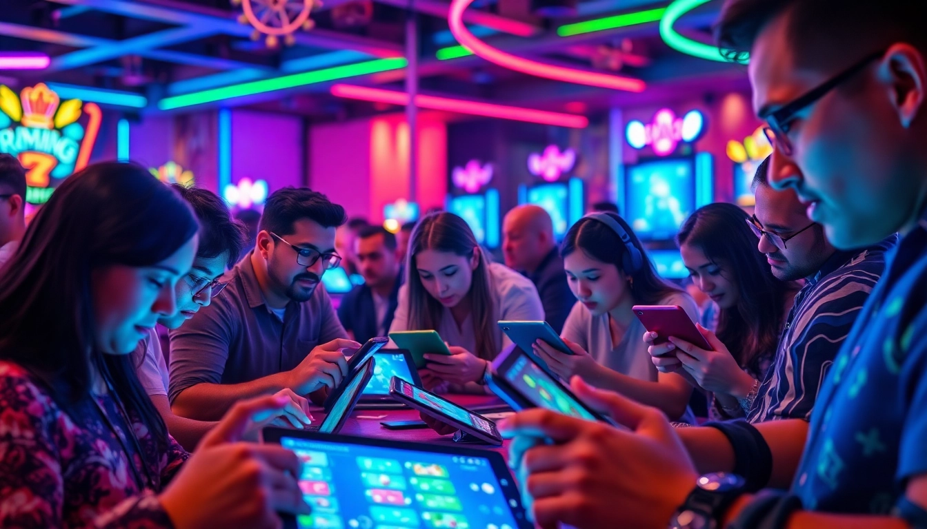 Players enjoying a thrilling yono rummy experience in a vibrant gaming lounge.