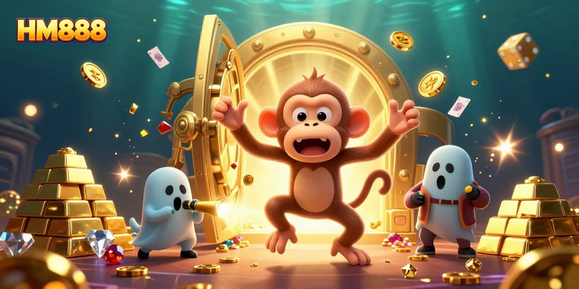 Experience the thrill of HM888 with lively gaming elements as the monkey juggles treasures in a casino.