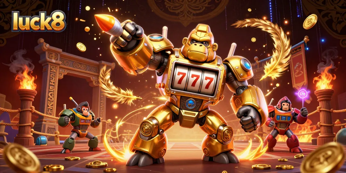Experience high-action gameplay at luck8 with the golden gorilla mech and vibrant casino elements.