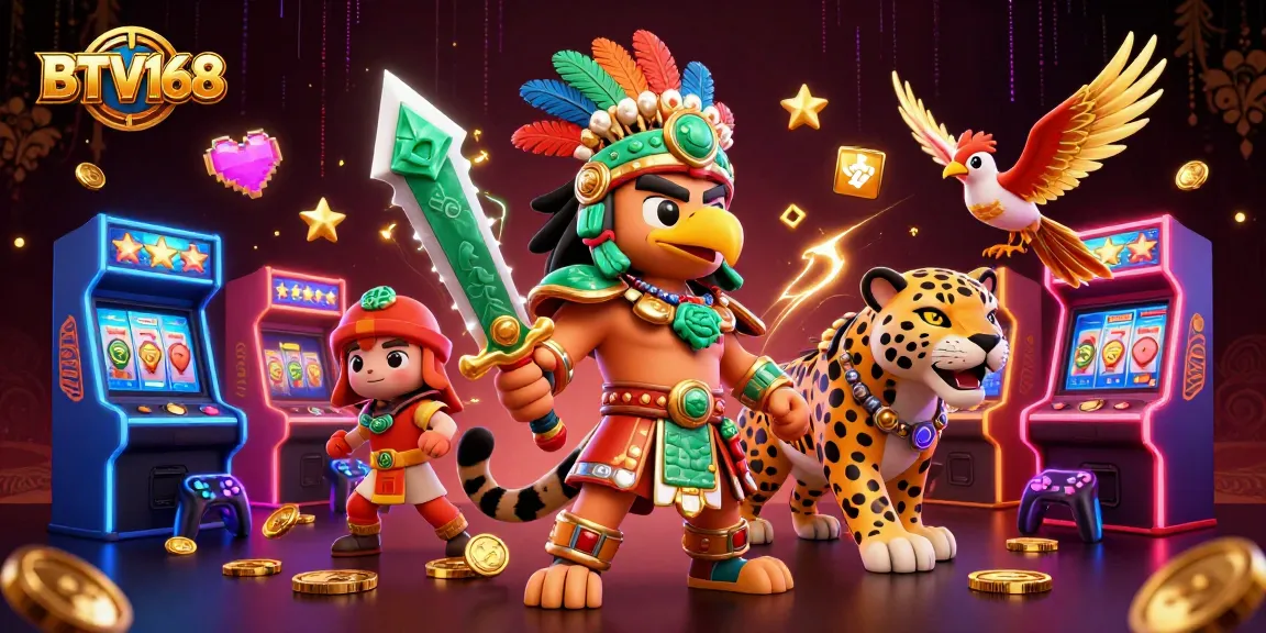 Spin to win with BTV168 in a vibrant casino-like scene featuring Aztec warriors and colorful game elements.