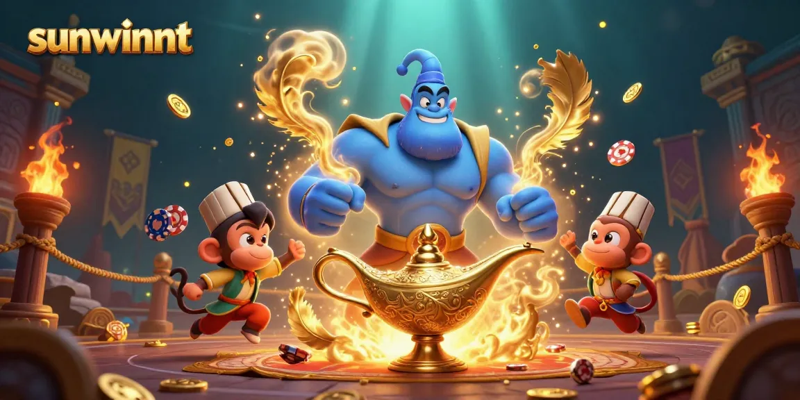 Experience the vibrant world of sunwinnt's casino with a blue genie and poker chips on a magic carpet.