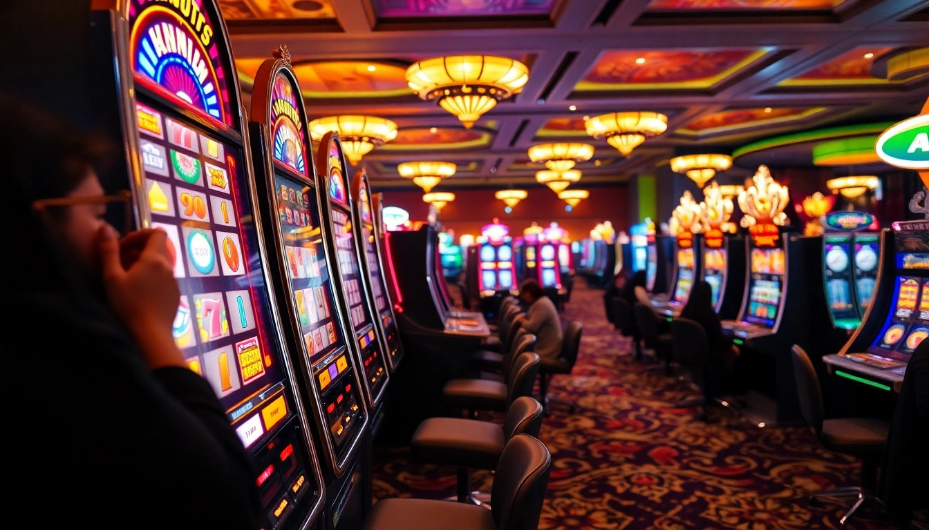 Slot gacor hari ini di mesin slot dengan pemain antusias dan lingkungan kasino yang ramai.