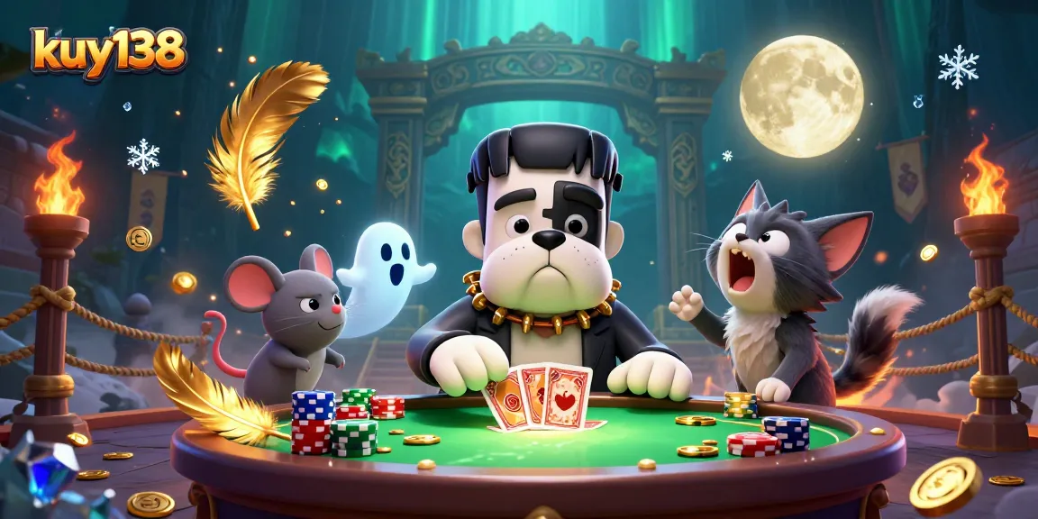 Menangkan jackpot dengan kuy138 di meja kartu menakutkan yang dikelilingi koin emas.