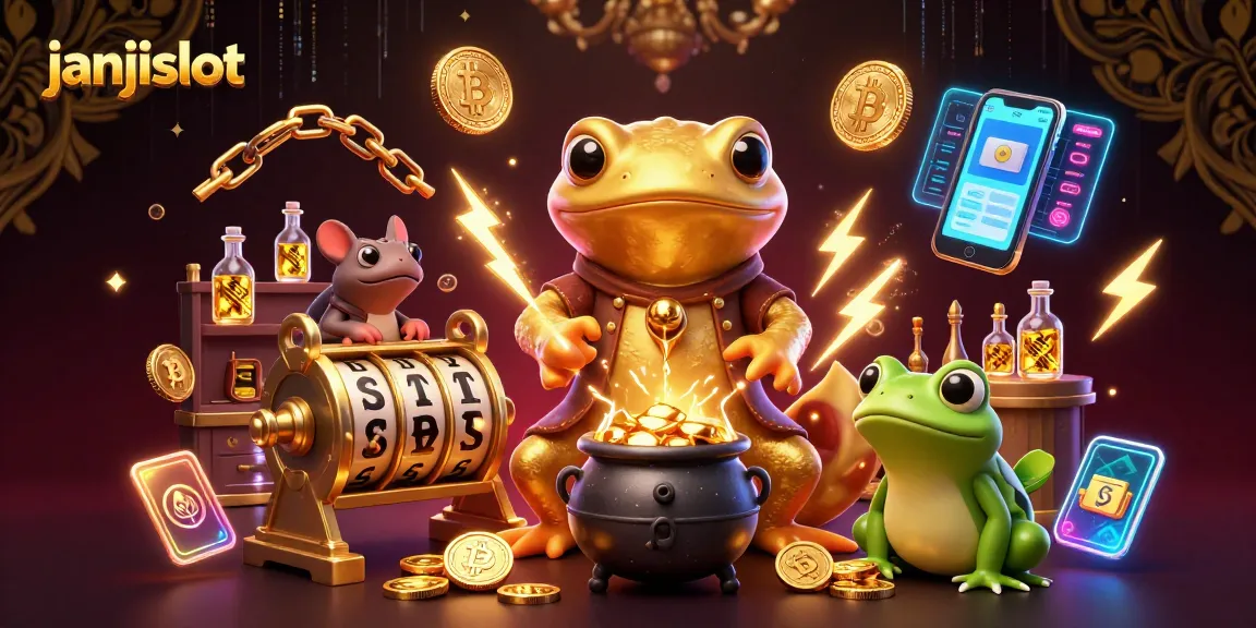 Engage in thrilling wagering at janjislot with a vivid 3D casino scene featuring alchemists and digital elements.