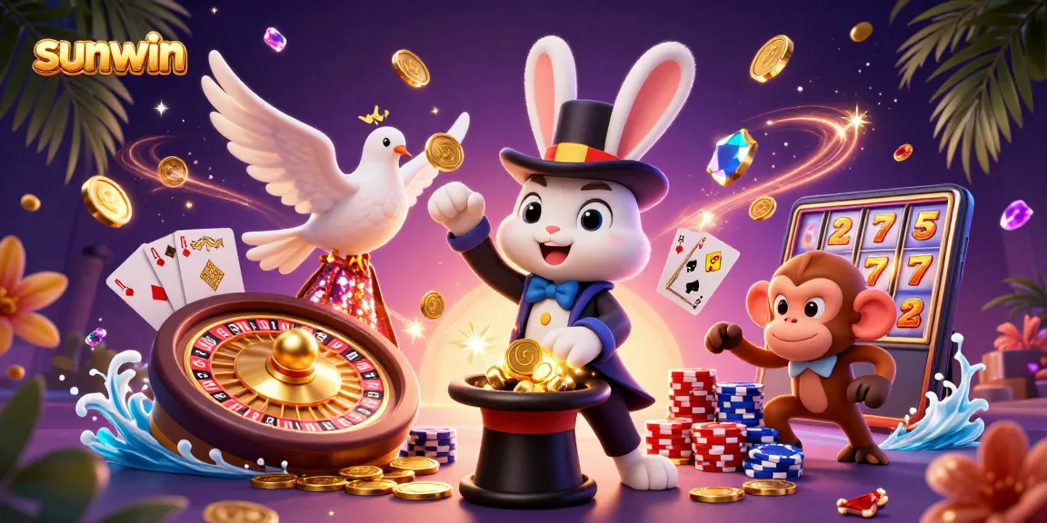 Experience the magic of sunwin with a lively illustration of a magician rabbit and playful monkey surrounded by casino elements.